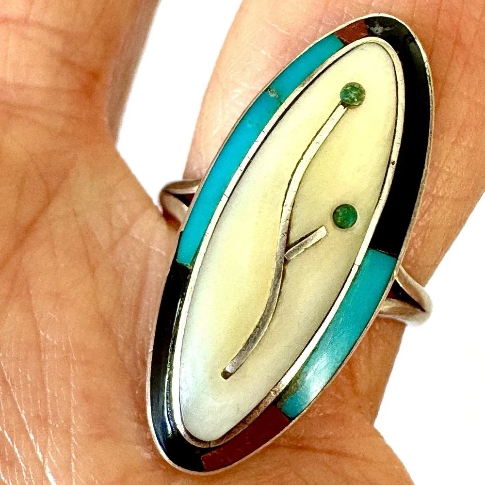 VTG Zuni Flower Turquoise Ring Sz 6 Sterling 60s Old Inlay Native Amer Marquis